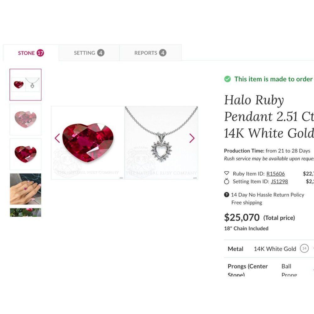 14K White Gold- Natural Ruby & Diamond Necklace -18"- 4.5cttw -Halo Heart -4.9g - Picture 9 of 16